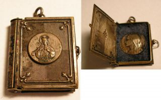Antique Catholic Bible Pendant Medal Book Jesus Virgin Mary Christian Jewelry