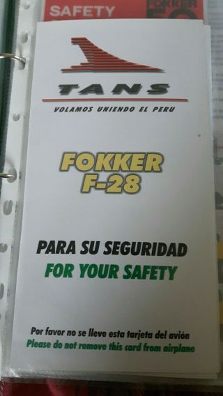 Tans Peru Fokker 28 Safety Card (very Rare)