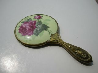 Lovely Old Roses Decorated Gold Metal Art Nouveau Decorated Ladies Hand Mirror