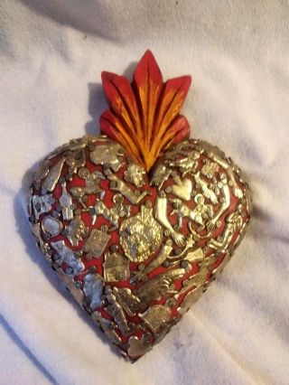 Religious Mexican Milagro Heart Hand Crafted Wood Milagro Folk Art Heart Iconic