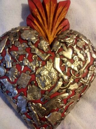 Religious Mexican Milagro Heart Hand Crafted Wood Milagro Folk Art Heart Iconic 3