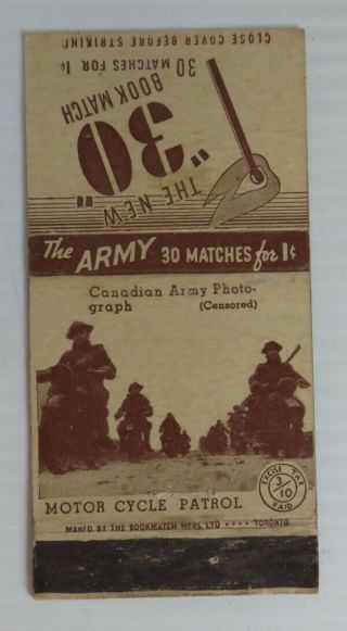 Vintage Canadian Army Motor Cycle Patrol Matchbook Cover (inv23881)