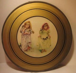 Old Large Glass / Tin German Flue Cover W/ Children Puppies And Kittens