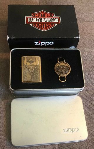 Zippo Lighter Harley Davidson Viking Keychain Solid Brass Gift Set 110 Hd110