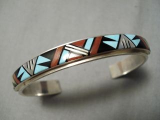 Intricate Vintage Zuni Native American Turquoise Coral Sterling Silver Bracelet