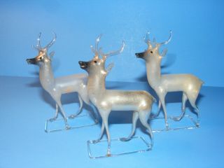3 Antique Germany Blown Mercury Glass 4 " Deer Christmas Reindeer Figurines