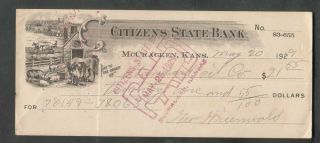 1929 Illustrated Check Citizens State Bank Mccracken Kansas George Greenwald