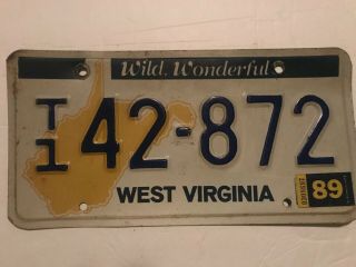 1989 West Virginia License Plate.  T142 - 872