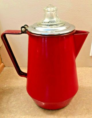 Vintage 1920s Stove Top Enamel Coffee Percolator Pot Red