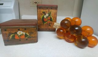 Vintage 60s 1970s Kitschy Amber / Orange Lucite Grapes Cluster & Canister Set