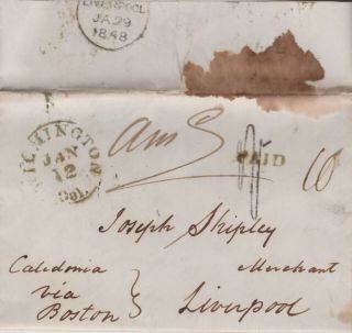 1848 Usa Delaware Transatlantic Ship Letter Influenza Content To Joseph Shipley