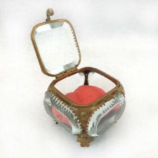 Antique Filigree Beveled Glass Ormolu Jewelry Casket Dresser Trinket Box