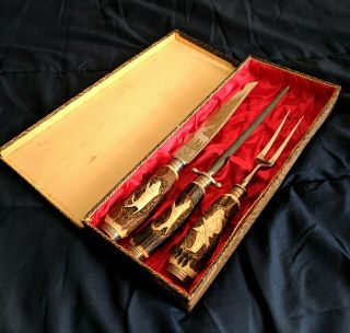 Vintage Solingen Rostfrei Puma Carving Fork Knife Set Stag Handle