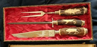 Vintage Solingen Rostfrei Puma Carving Fork Knife Set Stag Handle 2