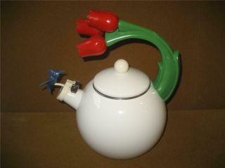 Vintage Via Ancona Hummingbird Whistling Tea Kettle Pot Tulips Enamel Whimsical