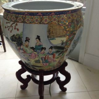 Chinese large planter with color figures and stand 3