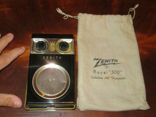 Vintage 50s Zenith Royal 500 Transistor Radio Black With Soft Cloth Sac Case
