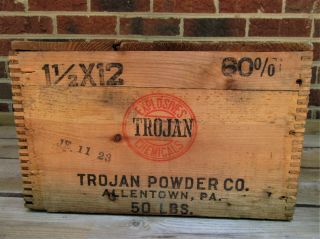 Vintage Trojan Explosives Powder Co.  Wood Box Crate Antique 50 Lb Allentown Pa