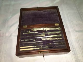 Antique Drafting Instruments,  Wood Boxed Set With Misc.