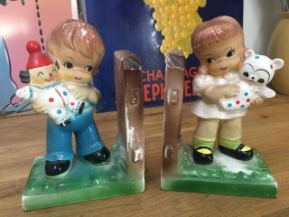 Vintage Ceramic Bookends - Children With Their Toys.  Kitsch 1950s/1960s