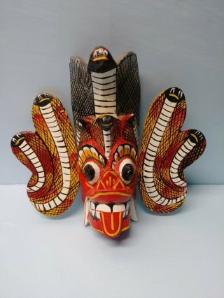 Vintage Asian Sri Lankan Carved Wooden Painted Small Ceremonial Dragon Mask