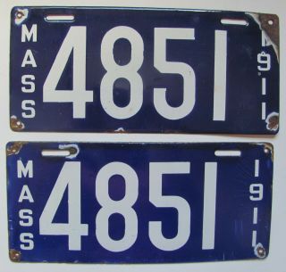 1911 Massachusetts Porcelain Car License Plates Pair