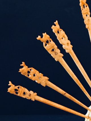 Vintage Carved Toothpick Tooth Pick & Holder Set Camel Egypt Wood Bone? Estate 6