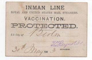 1883 Vaccination Card From The S.  S.  City Of Berlin Inman Line Steamship Co