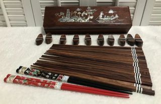 Japanese Laquered Wooden Chopstick Box W/ Many Chopsticks Boat & Village Inlay