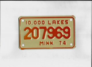 Minnesota 1974 License Plate " 207969 " Motorcycle