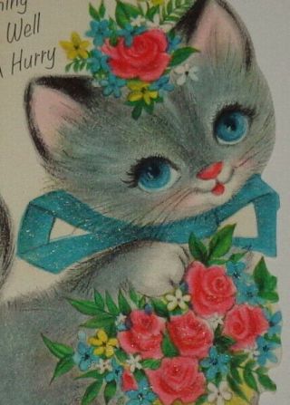 Vintage Greeting Card,  Sweet Kitty Cat Holding Basket Of Roses,  5 1/4 "
