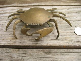Vintage Solid Brass Crab Ashtray With Hinged Lid & Removable Tray