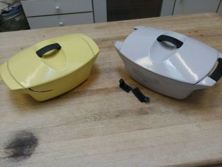 Two Vintage Le Creuset Loewy 3.  5 And 4.  5 Qt Dutch Oven.  Yellow And Grey Enamel
