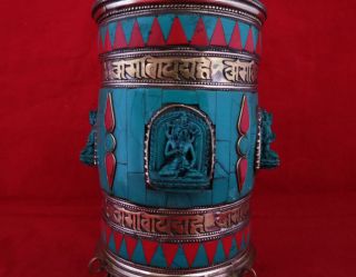 God Goddess Tibetan Buddhism Offering Om Mantra Brass Drum Prayer wheel Nepal 12 2