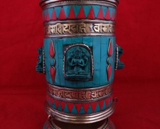 God Goddess Tibetan Buddhism Offering Om Mantra Brass Drum Prayer wheel Nepal 12 3