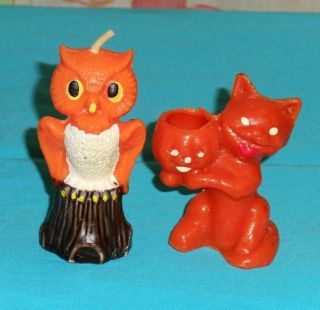 Vintage Halloween Gurley Candle Owl On Tree Stump & Cat/jol Wax Candy Container