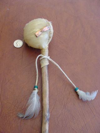 Vintage Native American Indian Rattle Rawhide/fur/ Leather/copper 11 1/2 " Neat