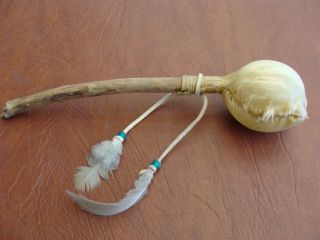 Vintage Native American Indian Rattle Rawhide/Fur/ Leather/Copper 11 1/2 