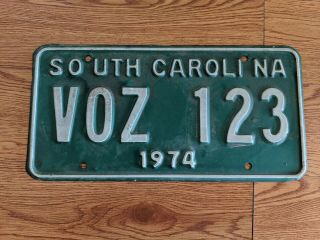 South Carolina 1974 Passenger Auto License Plate " Voz 123 " Sc 74