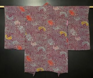 0605n06z460 Antique Japanese Kimono Silk Naga - Haori Purple - Brown Folding Fan