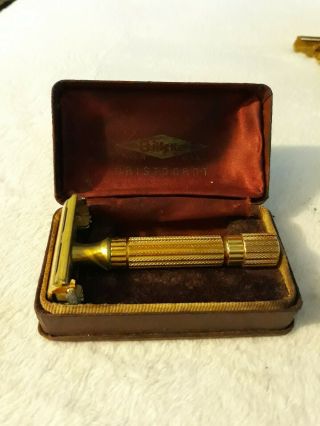 Vintage 1940 " S Gillette Aristocrat Gold Safety Razor In Case