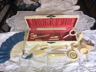 Antique Early 1900’s 22 Piece Celluloid French Ivory Dresser Set,  Fan,  Etc