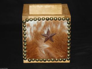 Texas Western Style Real Cowhide W Star Wooden Box Americana Man Cave Decor