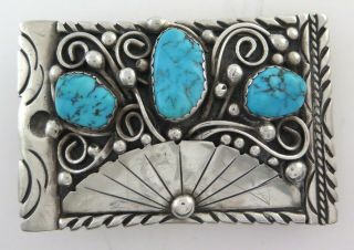 Vintage Heavy Sterling Silver & Turquoise Navajo W Yazzie Ornate Belt Buckle