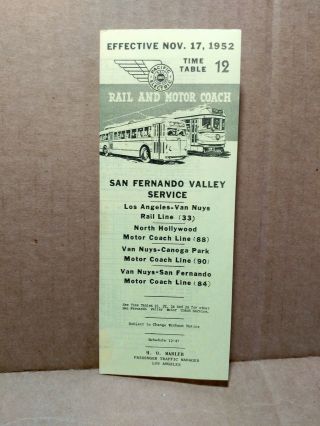 1952 Pacific Electric Time Table Rail & Motor Coach Bus San Fernando Valley Ca