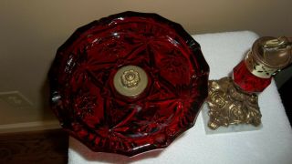 Vintage Ruby Red Art Glass Ashtray & Lighter Marble Base Stand
