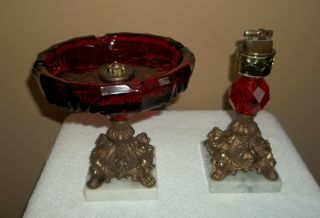 Vintage Ruby Red Art Glass Ashtray & Lighter Marble Base Stand 2