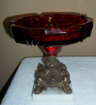 Vintage Ruby Red Art Glass Ashtray & Lighter Marble Base Stand 3