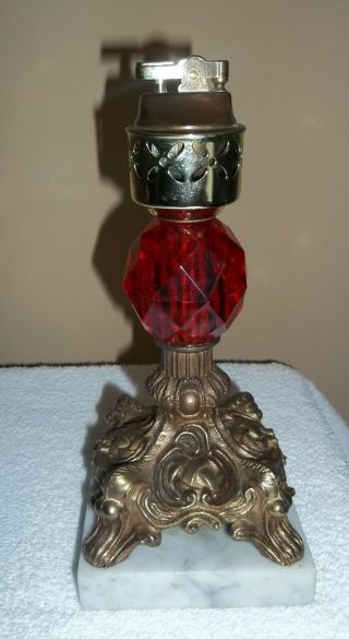 Vintage Ruby Red Art Glass Ashtray & Lighter Marble Base Stand 4