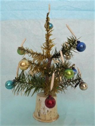 Antique Small Christmas Feather Tree Orig.  Tiny Ornaments W/ Composition Candles